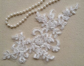Ivory Embroidered Appliques, Wedding Bridal Applique, Alencon Lace Applique, one pair