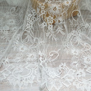 White Chantilly Fabric French Lace Soft Floral Eyelash Scalloped Lace ...