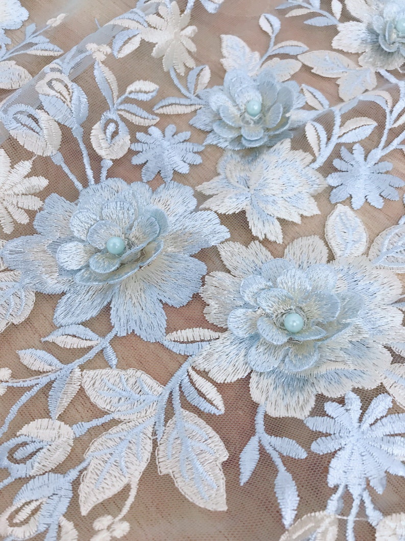 Two-tone Blooming Flowers Fabric Light Blue Lace Fabric 3D | Etsy