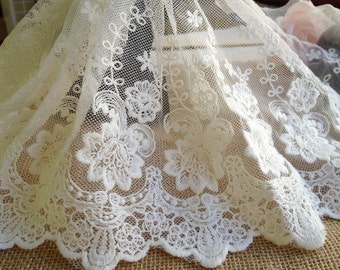 Cotton Lace Trim, Off White Embroidered Lace Fabric, Vintage Rose design Trim, Mesh Lace Trim