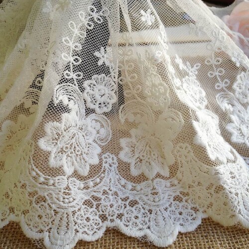 Bordure en dentelle de coton, dentelle brodée blanc cassé, bordure rose vintage, bordure en dentelle résille