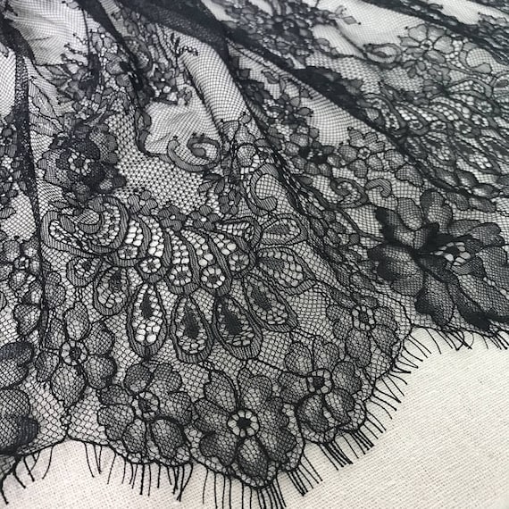 Scalloped Chantilly Lace Fabric Black Eyelash Lace Trim Bridal