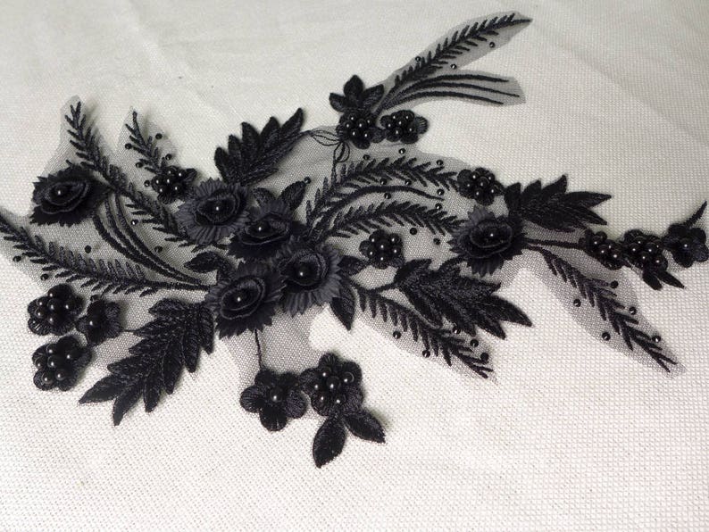 Wedding Dress HOT Pearl Beaded Lace Applique in BLACK for Bridal Headpiece Jewelry Design Sashes