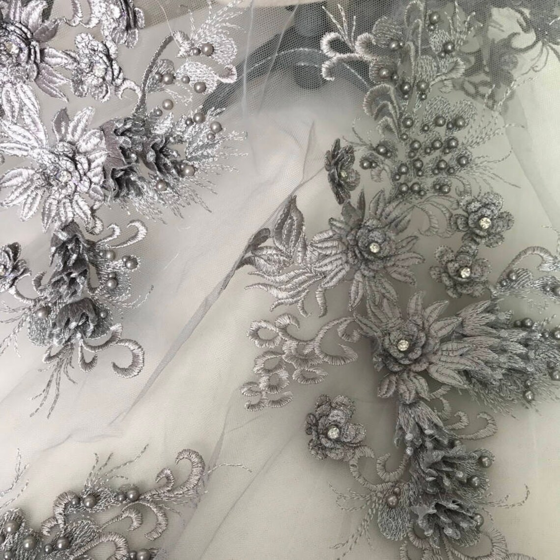 Heavy Beaded Lace Applique Fabrics with Rhinestone in Gray for Etsy