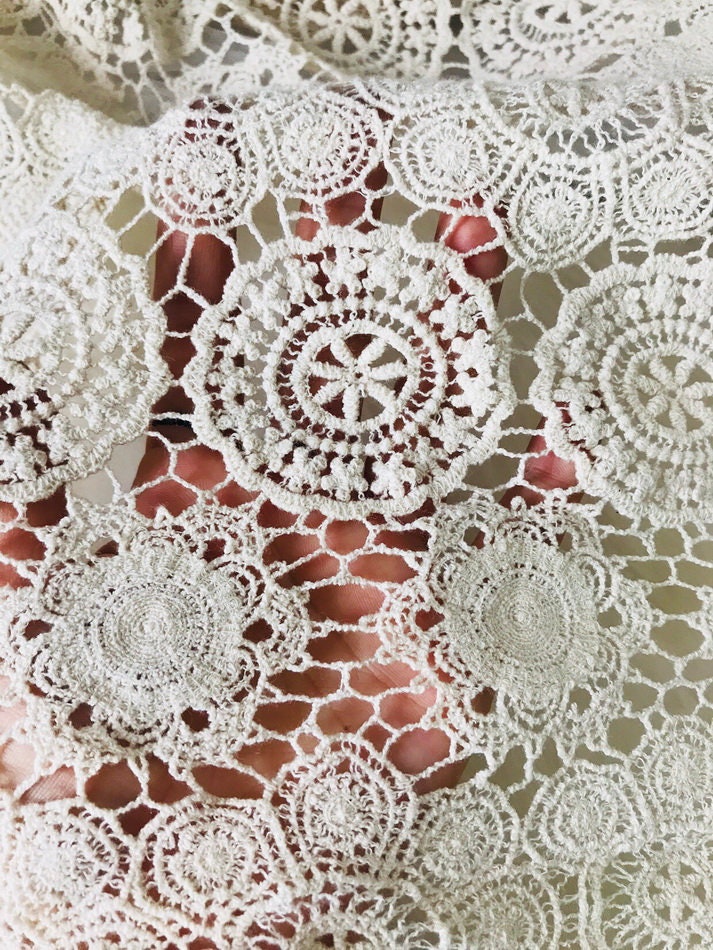 Vintage Beige Cotton Lace Fabric, Crochet Style Circle Fabric