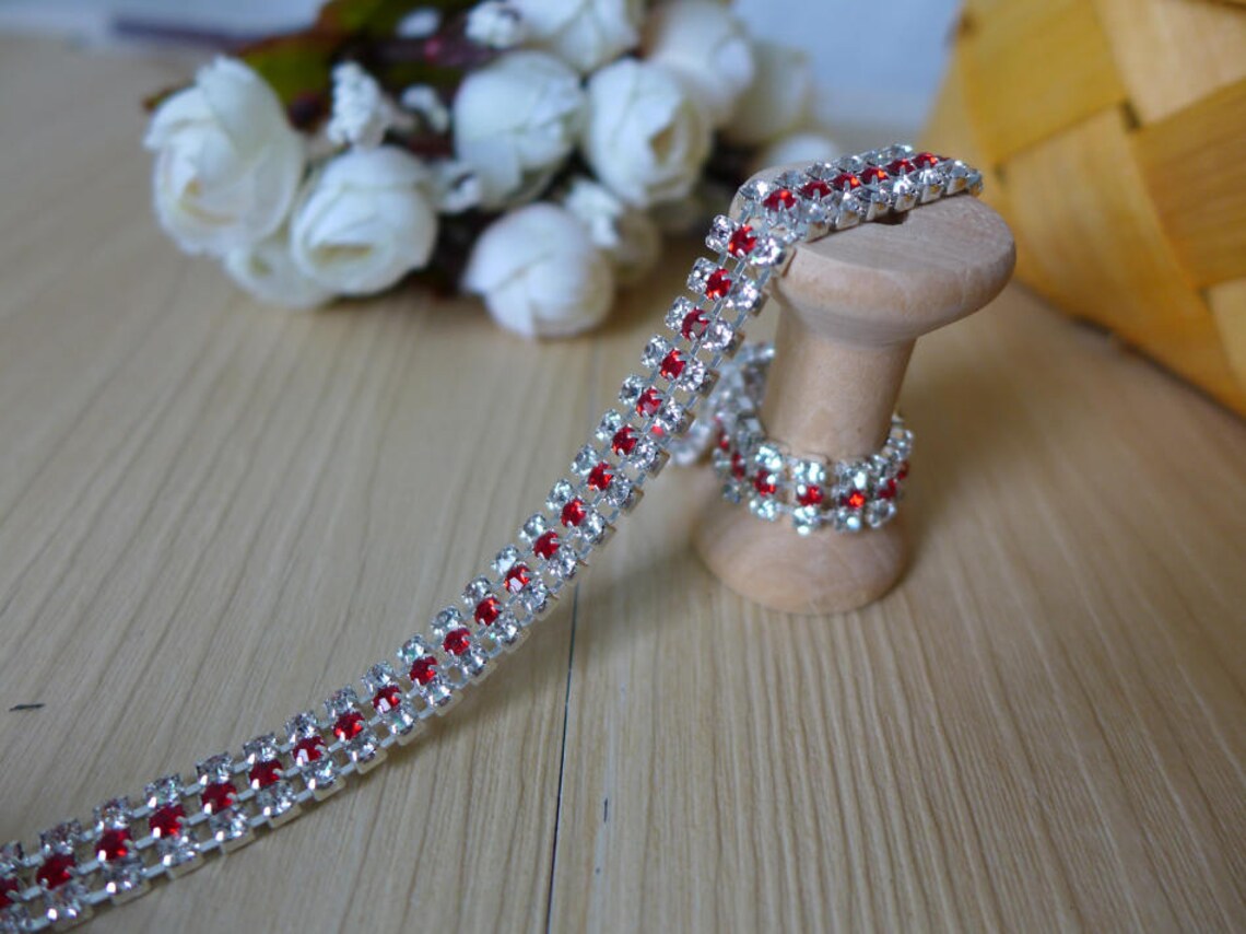 Red Rhinestone 3 Row Rhinestone Trim Stunning Rhinestone Etsy