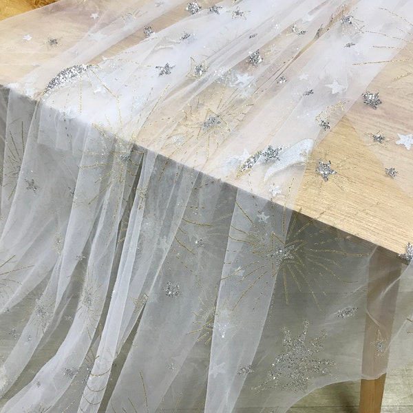 Gold Silber Glitzer Sterne & Monde Tüll Stoff in Off white Tüll für Abendkleid, Tutu Kleid, Hochzeit Bühne Hintergrund