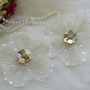 4.7&quot; Wide Ivory Beaded Organza Flower Sew Applique for Weddings, Flower Girl Dress, Headbands, Garments