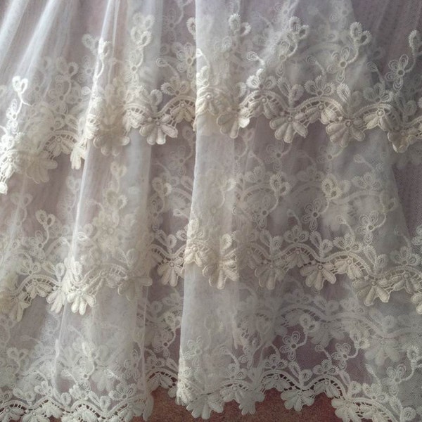 Beige Wedding Lace Fabric, Cotton Embroider Lace Fabric, Vintage Bridal Gown Fabric by yard