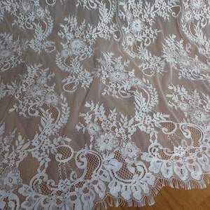 CHANTILLY Fabric Unique White Wedding Dress Lace Fabric for Bridal, Mantilla , Wedding Bolero or Sheer curtain
