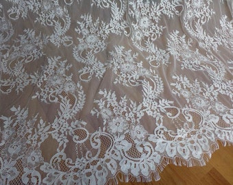 CHANTILLY Fabric Unique White Wedding Dress Lace Fabric for Bridal, Mantilla , Wedding Bolero or Sheer curtain