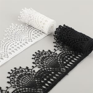 Può includere: Due rotoli di pizzo decorativo bianco e nero. Il pizzo presenta un bordo smerlato con un design traforato dettagliato. Il pizzo bianco è srotolato, mentre il pizzo nero è arrotolato.