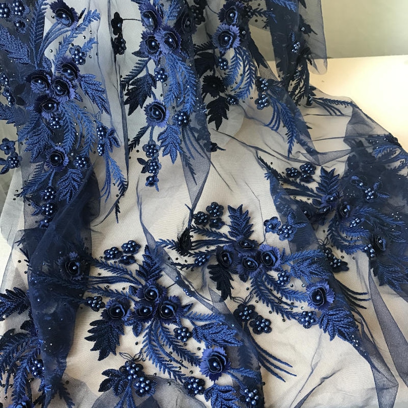 Elegant Beaded Fabric 3D Flower Lace Fabric in Navy Blue Etsy UK