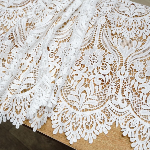 Elegant Venice Guipure Lace Fabric, Off white Hollow-Out Wedding Fabric, Retro Scalloped Lace Fabric