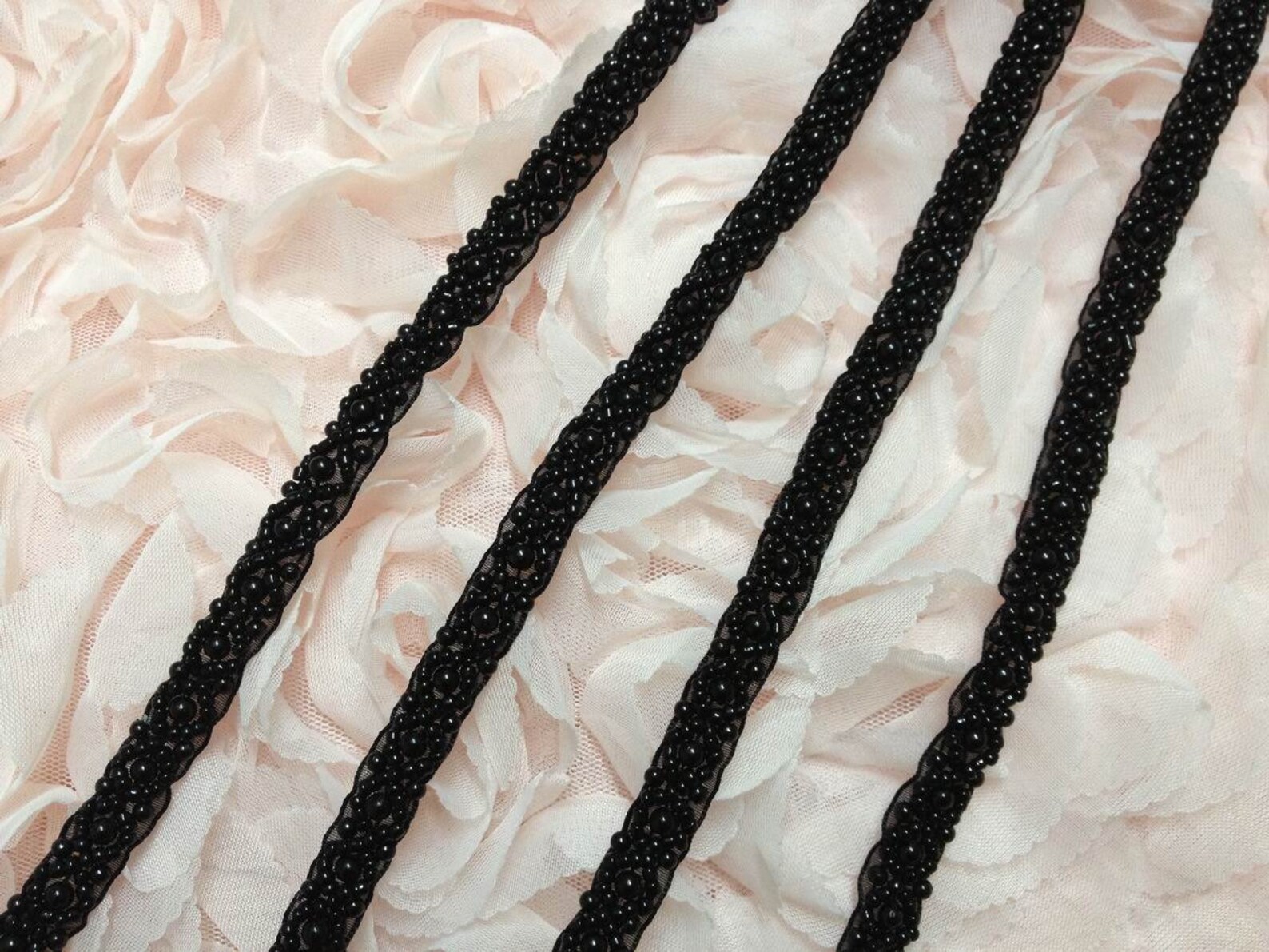 Black Beaded Lace Trim Black Pearl and Ribbon Trim for - Etsy