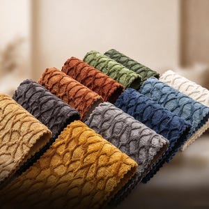 Op de afbeelding: Een collectie gevouwen stofstalen met een verhoogd, gestructureerd ruitpatroon. De kleuren zijn onder andere mosterdgeel, antracietgrijs, gebrand oranje, olijfgroen, donkergroen, lichtgrijs, marineblauw, leiblauw en gebroken wit.