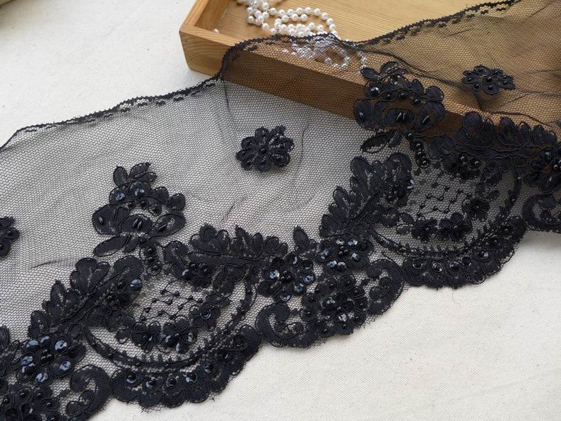 Black Beaded Alencon Lace Trim for Wedding Veil Bridal Sashes Etsy