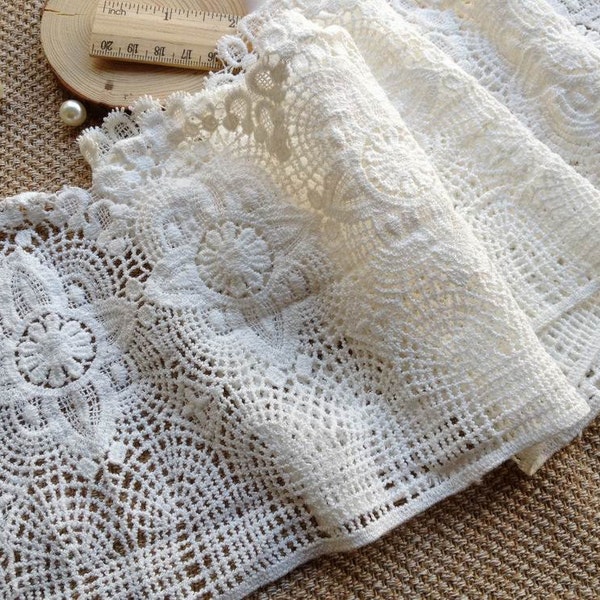 2 Yards White Crocheted Antique Lace Cotton Lace Trim Retro Design Lace 6.69 inches wide