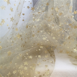 Stars Mesh Fabric, Gold Stars Glitter Print Lace Fabric for Flower Girl Dress, Party Dress, Wedding Decoration image 3