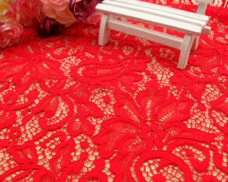 Green Stretch Fabric, 59" wide Elastic Lace Fabric, Evening Dress Lace Fabric #6 Red