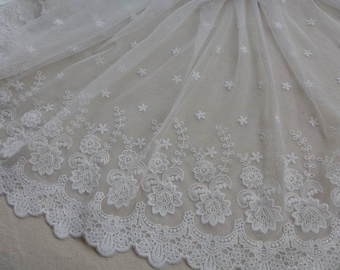 Off White Lace Fabric Trim, Floral Tulle Lace Fabric, Wedding Dress Home Decor Curtain Fabric By the Yard