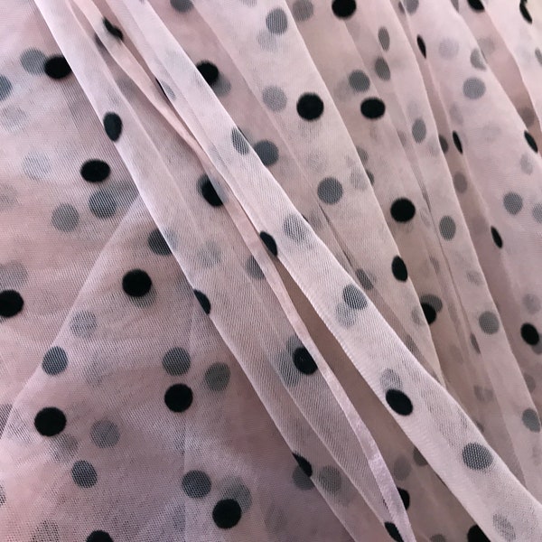 Dusty Pink Tulle Fabric Black Polka Dots Design for Tutu's Dress, Summer Dress, Wedding Decoration