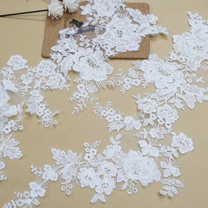 Aplique de encaje nupcial con flores de rosa y lentejuelas transparentes, color blanco roto, bordado floral, aplique para boda en el corpiño