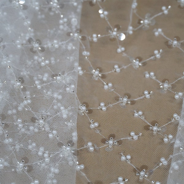 Pearls Beaded Lace Fabric with Sequins in Off white for Wedding Gown, Evening Dress, Prom Dress Robe
