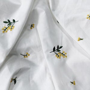 Yellow & Green Floral Embroidered Fabric, Off white Base Fabric 55" Wide for Quilting, Doll, Sewing
