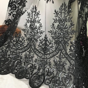 Elegant alencon lace, Vintage Embroidery sequins bridal lace fabric, Black cording lace by yard