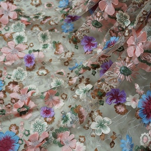 Multicolor Floral Lace Fabric, 3D Flowers Appliqué Fabric on Tulle, Wedding Skirt Apparel Fabric By The Yard
