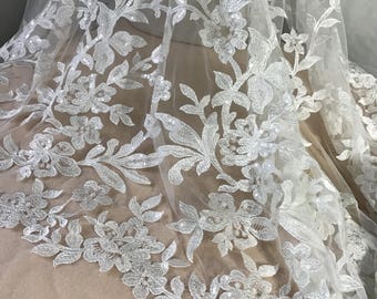 Tela de encaje con bordado de hojas florales en color marfil, tela con lentejuelas para vestido de novia, tela de encaje cortada a medida