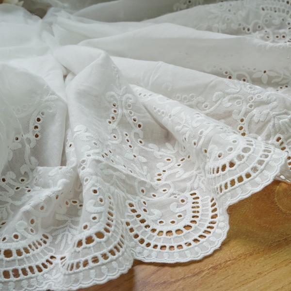 Off white lace, retro scalloped trim, cotton eyelet lace trim 12.6" wide lace one yard