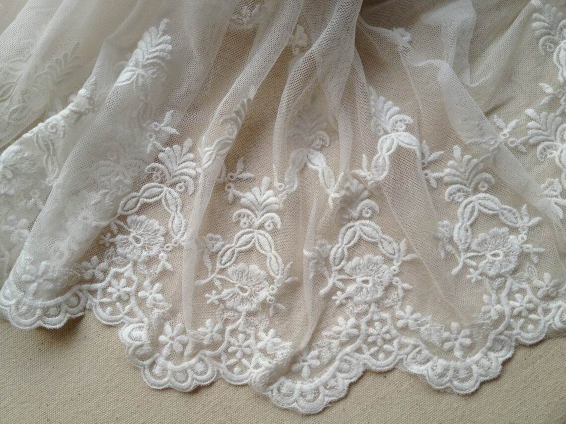 White Bridal Lace Trim Embroidered Mesh Fabric Lace Floral Etsy