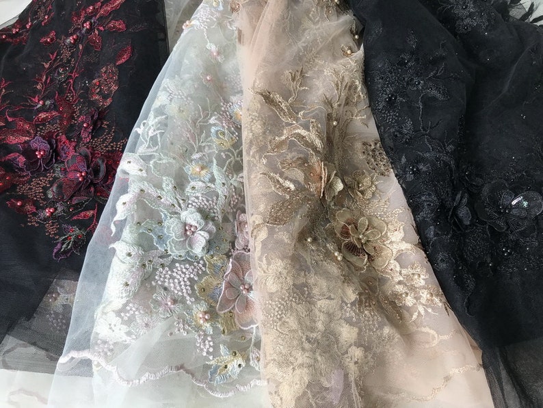 Burgundy Lace Fabric Beaded Applique Black Tulle Fabric 3D Flowers Lace Fabric By The Yard