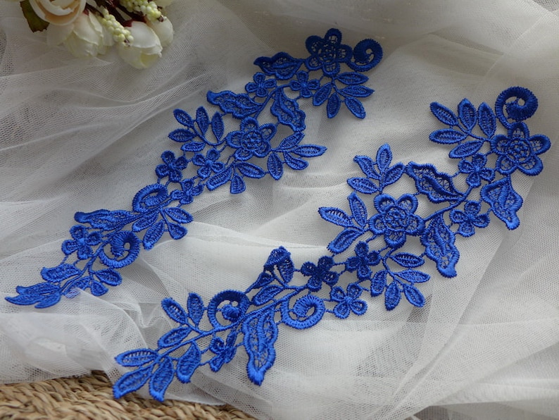 Royal blue Flower Applique Lace for Wedding dress, Lace Garter, Headpiece, Jewelry Design image 2