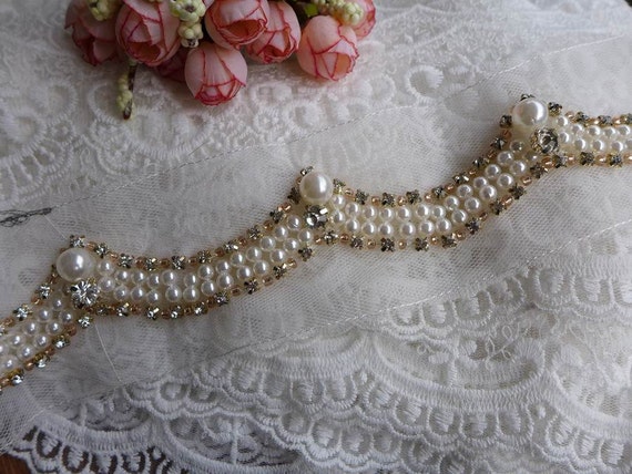 Rhinestone Beaded Trim Applique Gorgeous Scallop Beads Lace  display picture 3