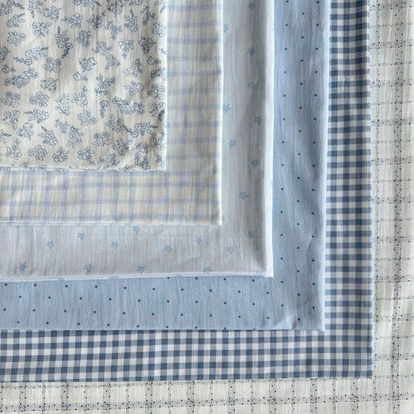 Cotton Check Fabric, Off White / Blue Plaid Cotton Printed Fabric, Floral Dot Star Cotton Lace for Skirts, Tops,  Quilting, Curtains