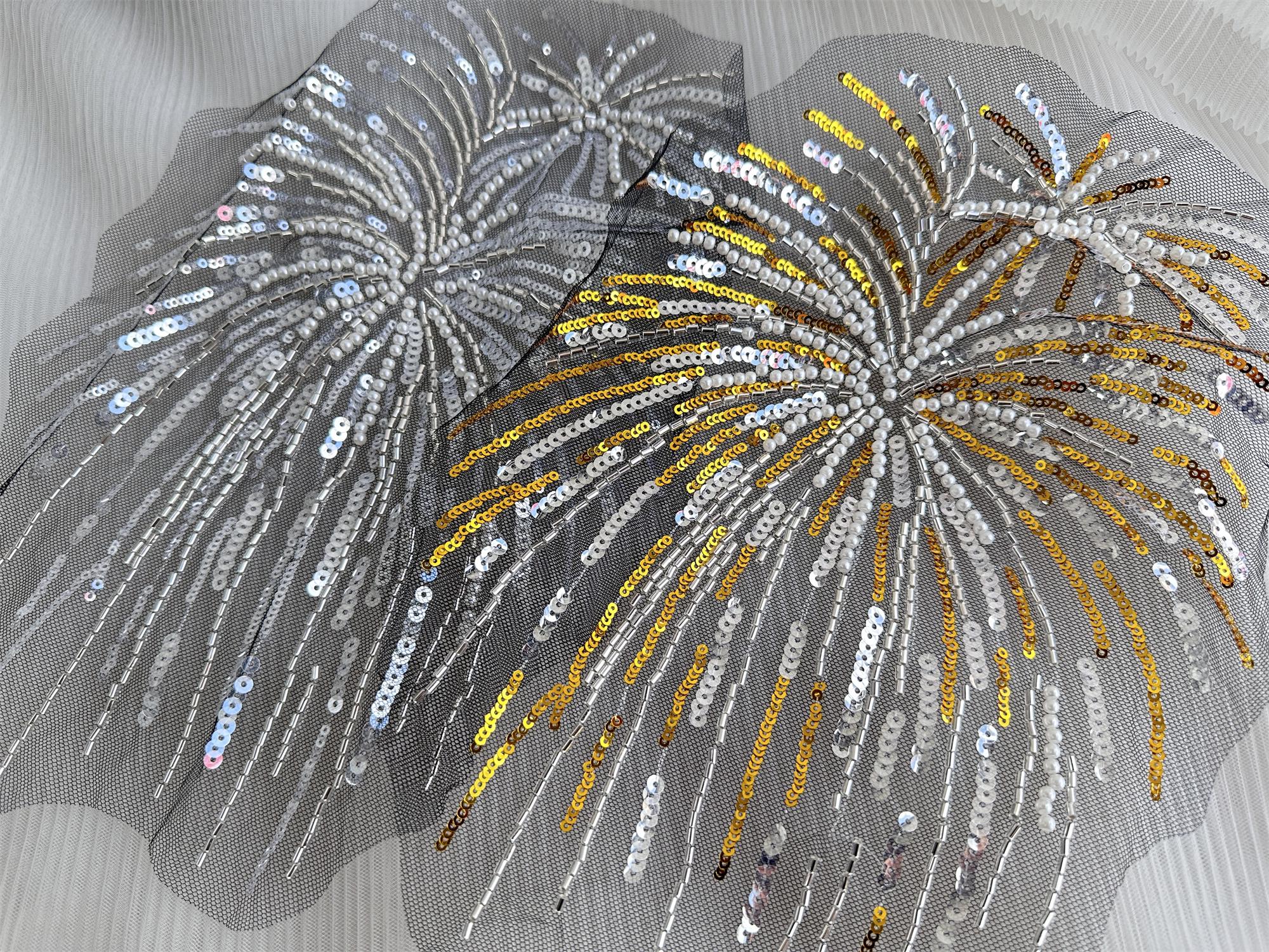 Beaded Applique, Gold With Clear Sequin Firework Patch Applique ...
