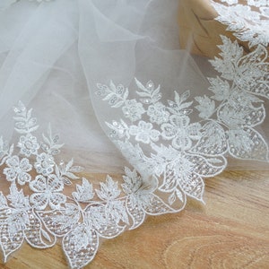 Elegant Beaded Lace Off white Bridal Lace Trim for Dresses, Mantilla veil, Wedding Garters, Bodice Gown