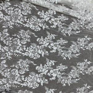 May include: White floral lace fabric with a delicate pattern of flowers and leaves. The lace is on a sheer mesh background.