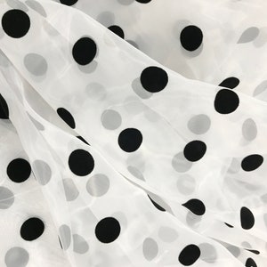 2CM Polka Dots Fabric, Sheer Organza Black Polka Dot Lace Fabric, Retro Flocking Dots Organza Tulle Fabric image 1