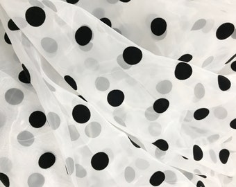 2CM Polka Dots Fabric, Sheer Organza Black Polka Dot Lace Fabric, Retro Flocking Dots Organza Tulle Fabric