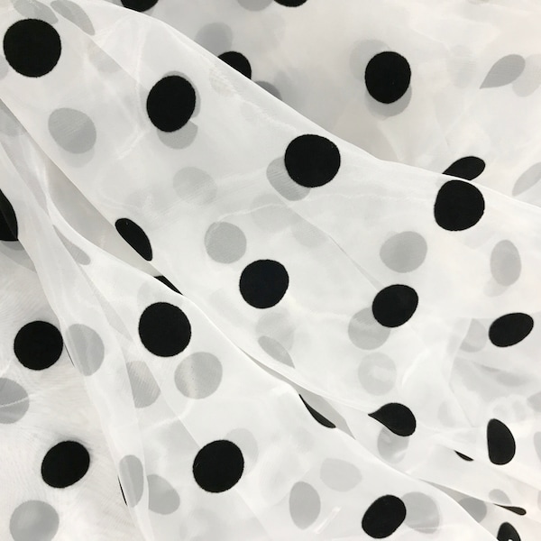 2CM Polka Dots Fabric, Sheer Organza Black Polka Dot Lace Fabric, Retro Flocking Dots Organza Tulle Fabric