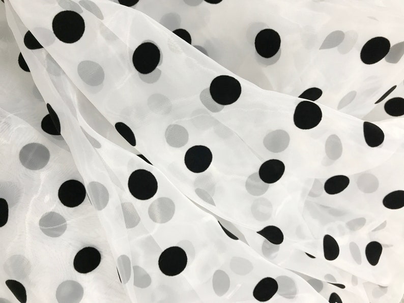 2CM Polka Dots Fabric, Sheer Organza Black Polka Dot Lace Fabric, Retro Flocking Dots Organza Tulle Fabric image 1