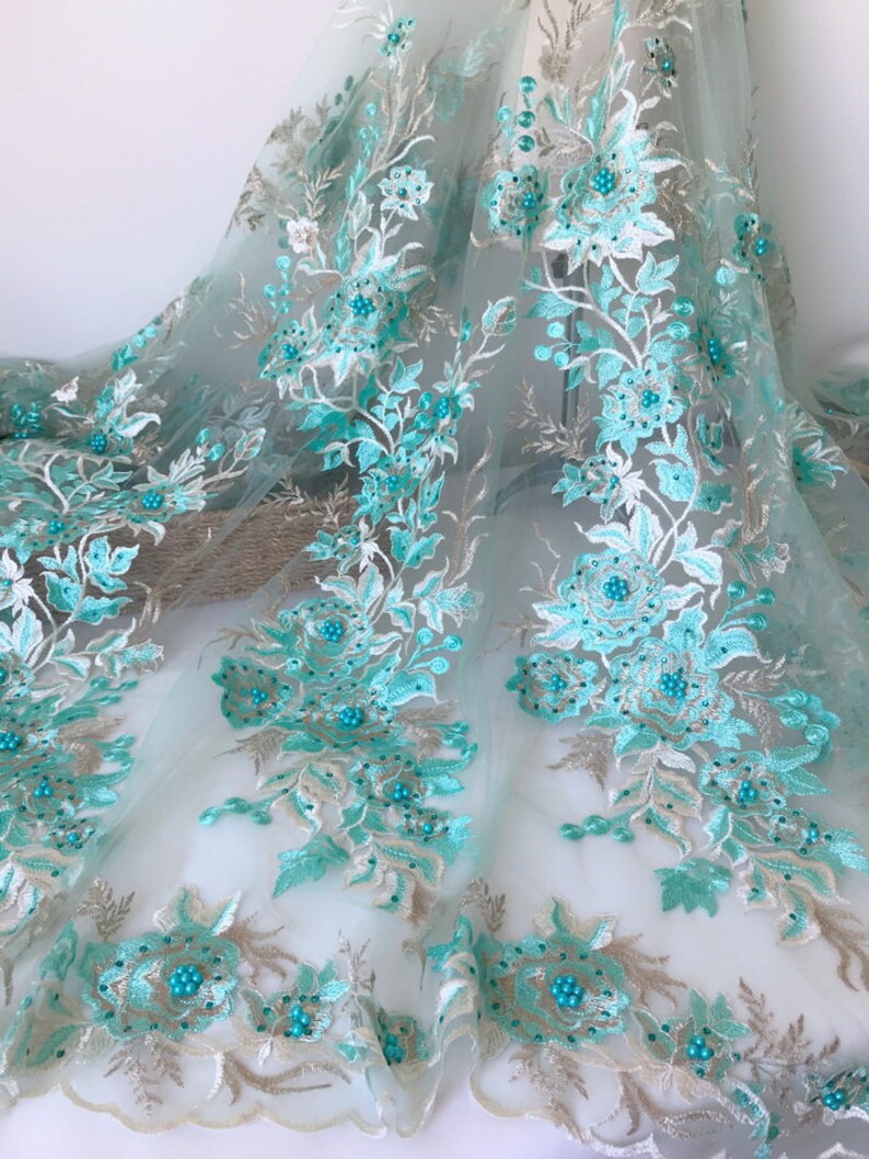 Turquoise Lace Fabric 3D Pearls Beading Floral Lace Fabric Etsy