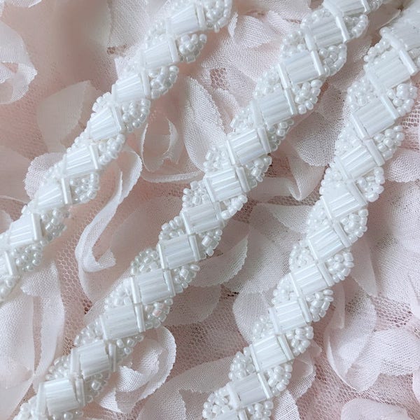 Wedding Beaded Trim in White for Bridesmaid Gown, Baby Headband, Beaded Sash, Dress Belt