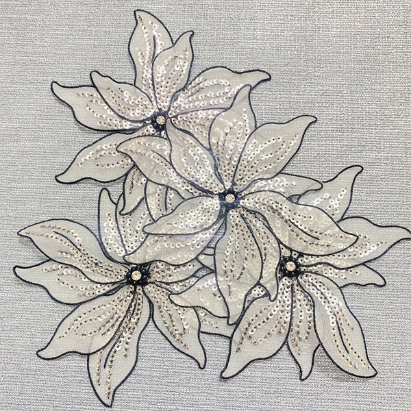 Lily White Flower Applique, Sequins Embroidered Flower Applique, 3D Beaded Flower Lace Applique