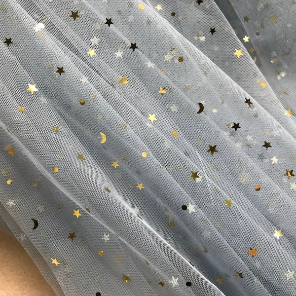 Moon Star Mesh Tulle Fabric Gold Sequins Mesh Fabric For Girl Dress, Top Blouse, Tutu Dress, Wedding Background