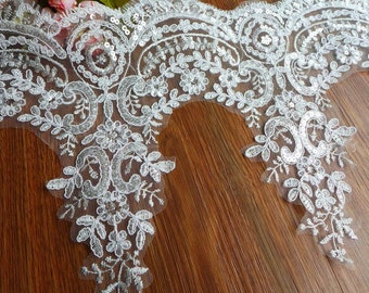 Wedding gown sequined lace, alencon lace trim in off white, scalloped floral trim